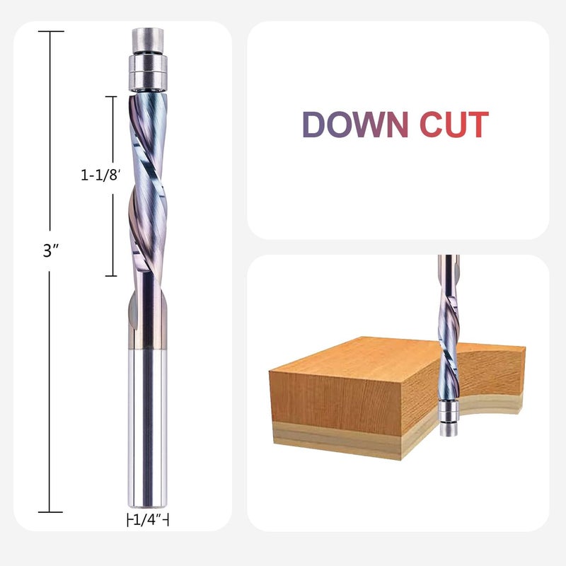 SpeTool 1/4 Inch Shank Downcut Spiral Flush Trim Router Bit with Extra Long Life TAC Coated, Solid Carbide Flush Trim Bits Bottom Bearing for Woodworking Trimming - Image 1